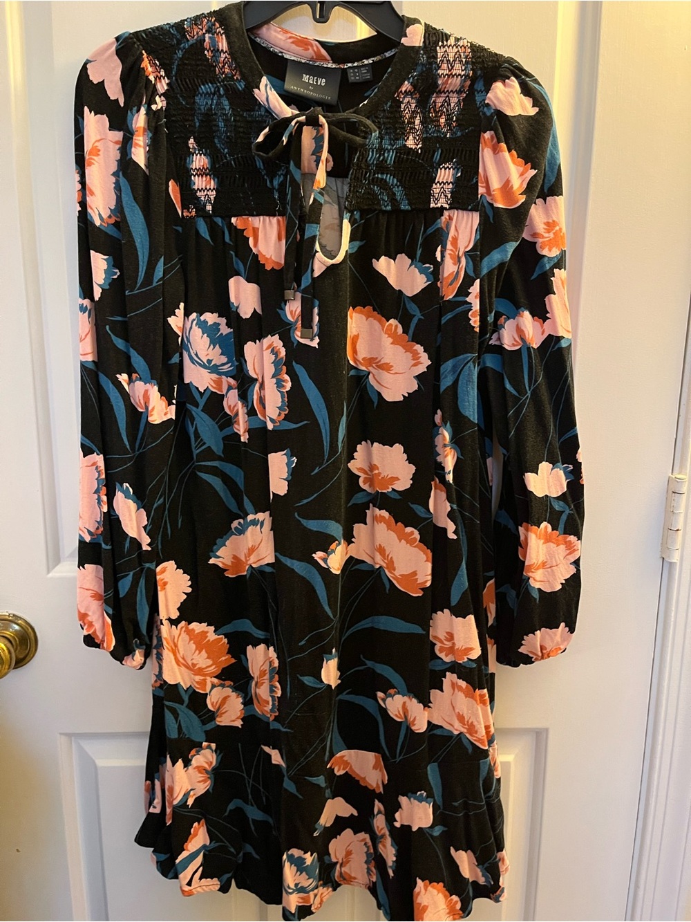 Maeve Black Long-Sleeve Floral Tie-Neck Dress with Pink Blooms
